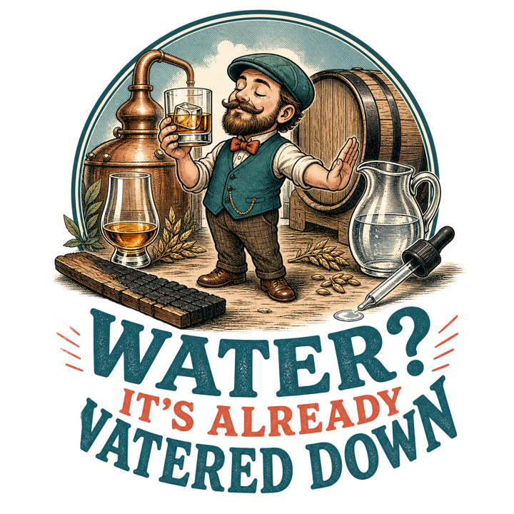 WATER? IT'S ALREADY WATERED DOWN — bourbon & whiskey t-shirt design by Bazzai Studio